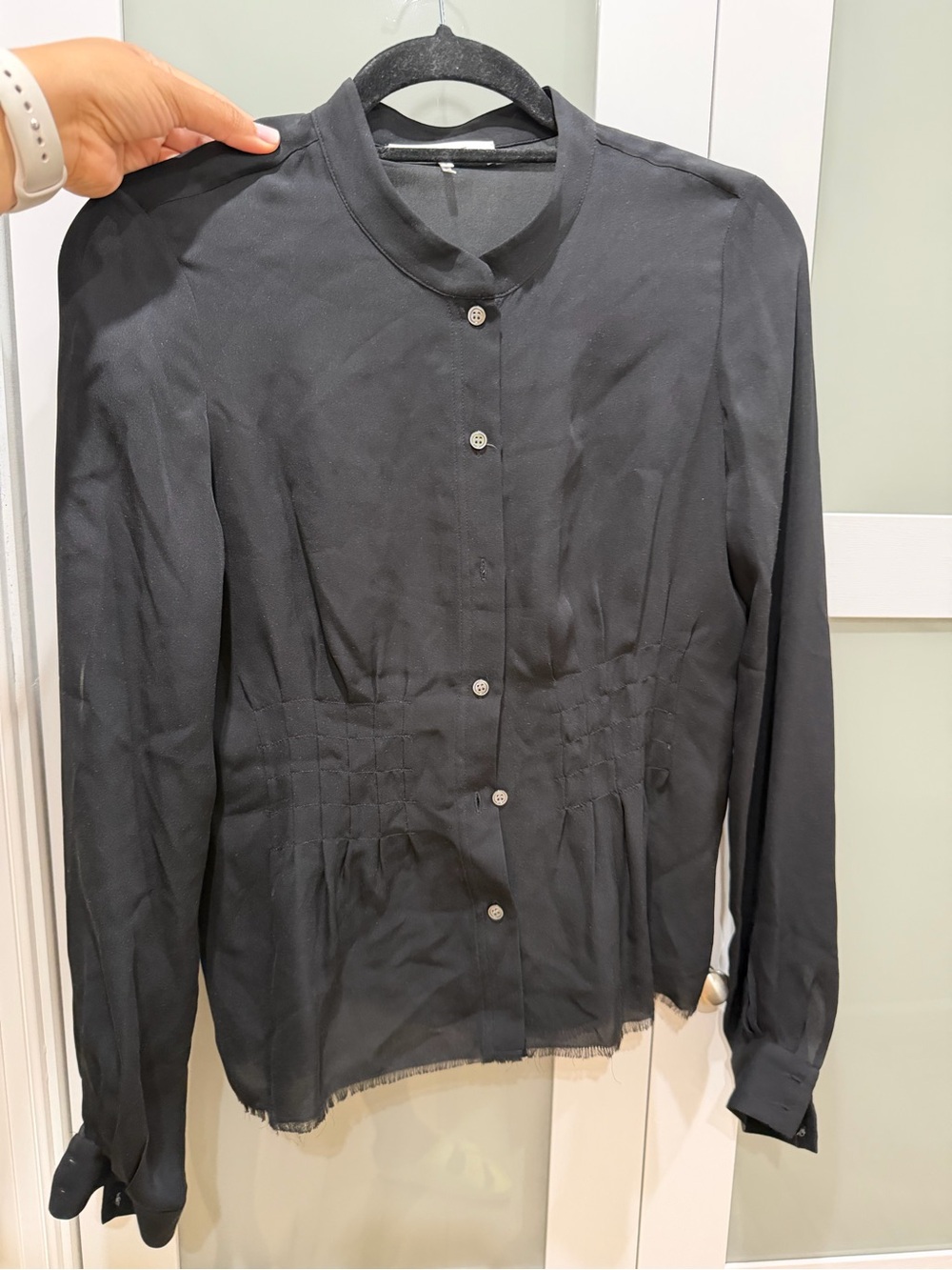Frame Denim Black Button-Front Band Collar Blouse